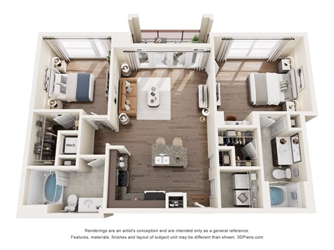 Floor plan for 2 beds, 2 baths, 1127 sqft